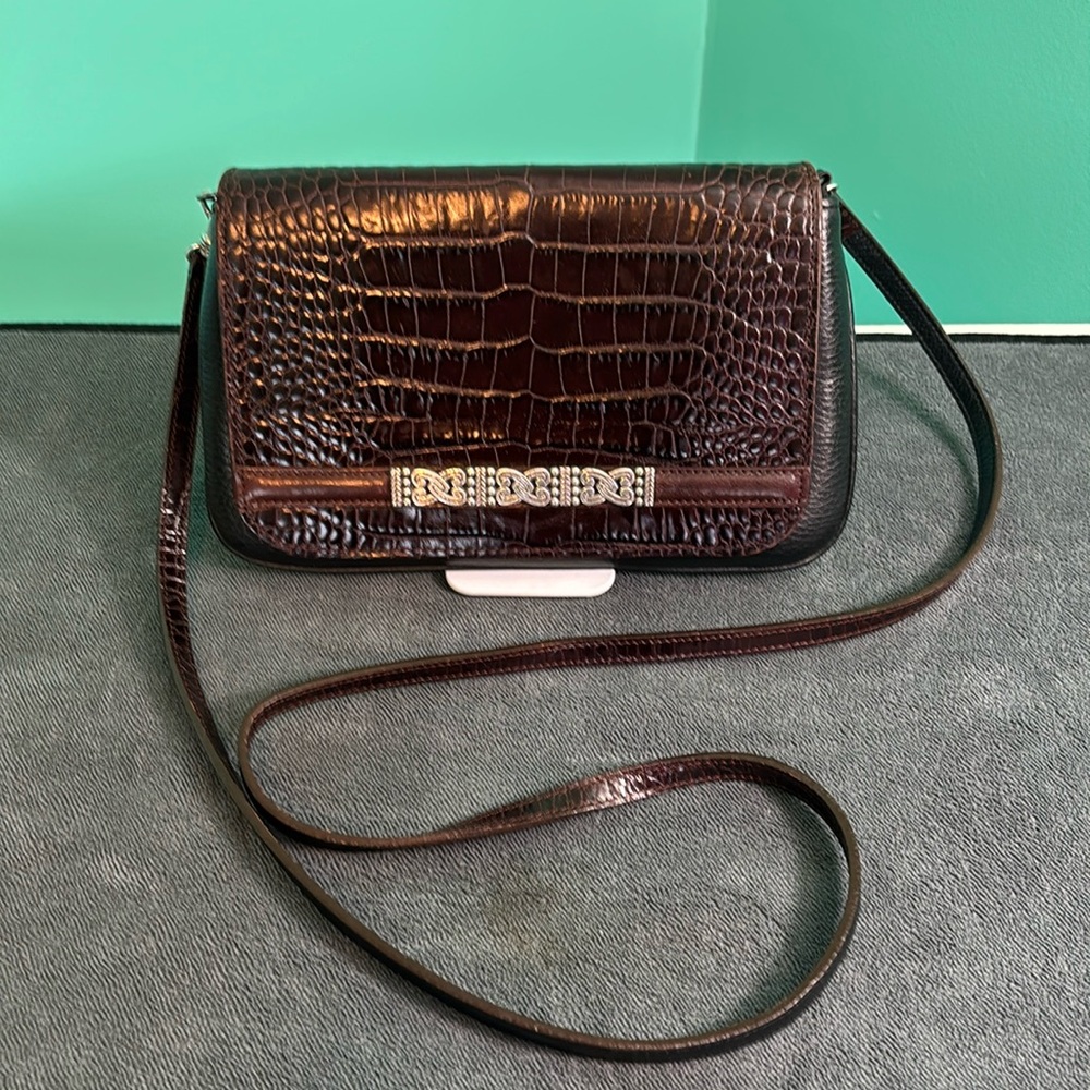Brighton brand vintage Fold Over Purse in Brown Alligator and Black Leather